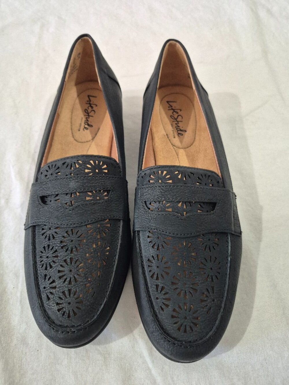 LifeStride Women's Shoes Black Sued Madison Perf Loafers Slip on flats Sz 8W